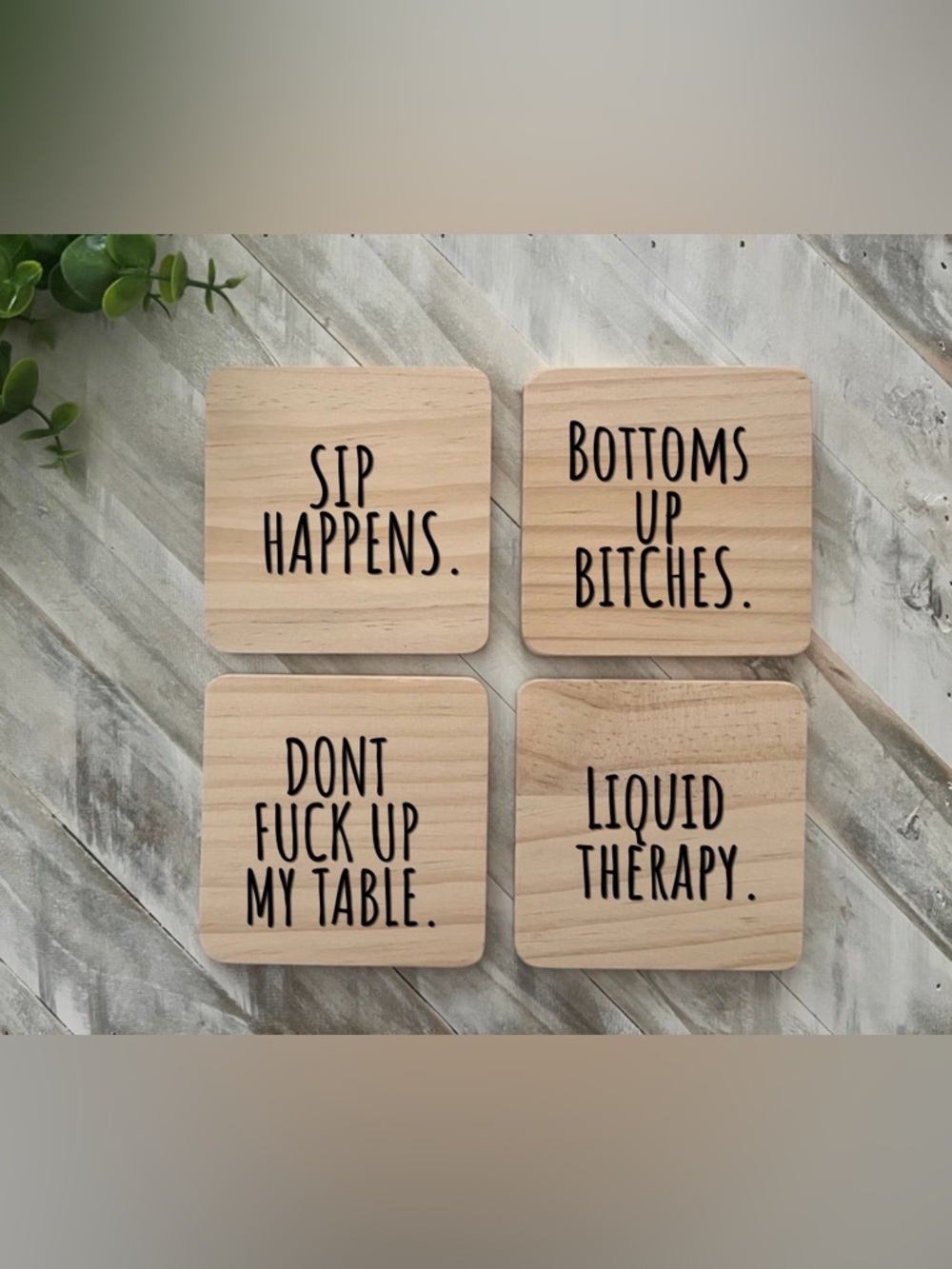 Wood Coasters Set with Black Lettering - 4 Pack